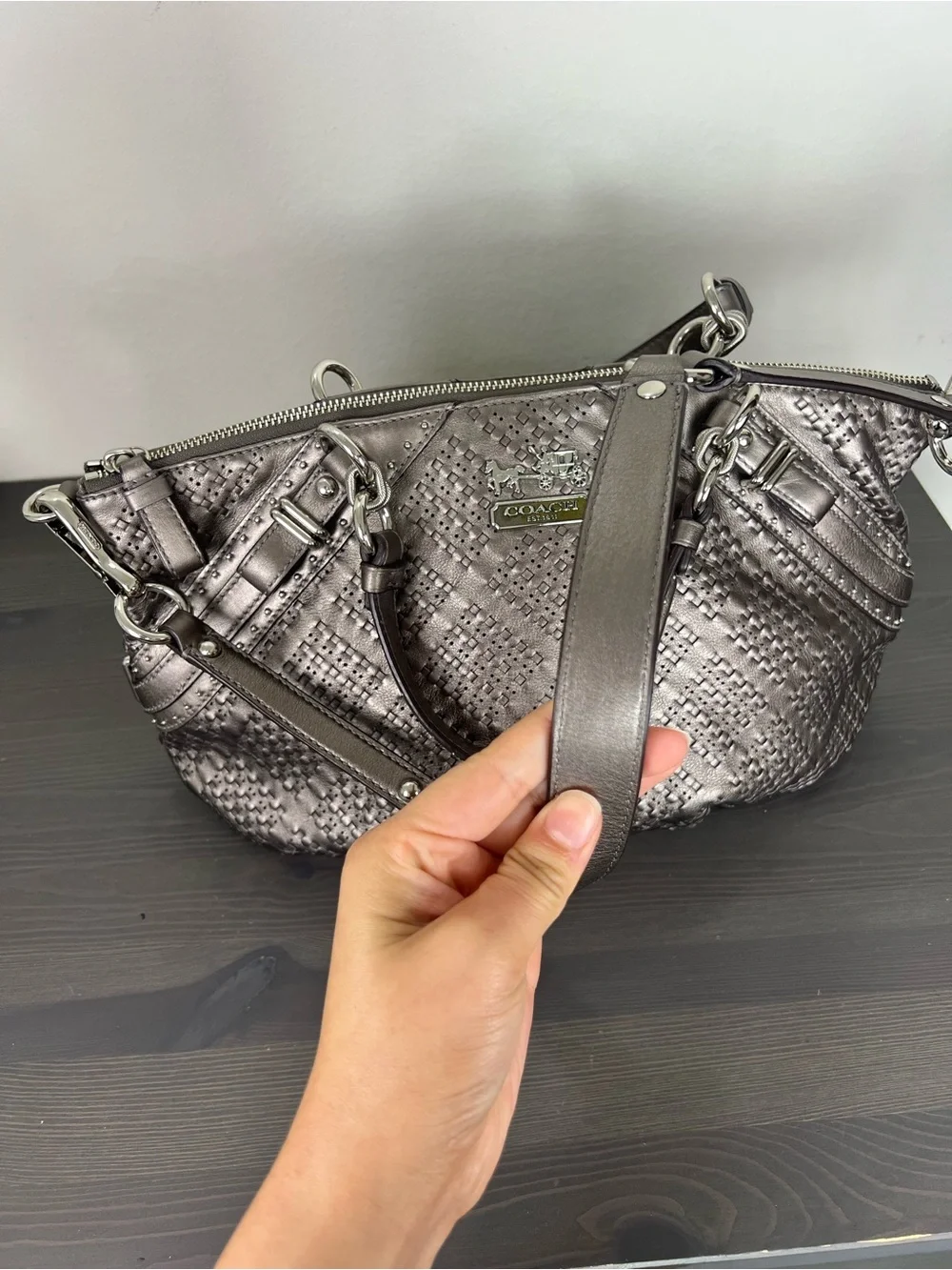 Coach Madison Sophia Pewter Woven Leather Satchel Gun Metal Bag